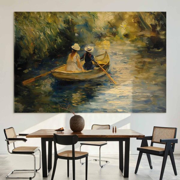 Tableau XXL - Boat crossing - painting of two women sailing a boat on a river