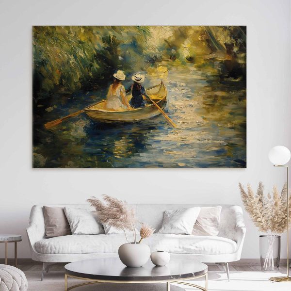 Tableau XXL - Boat crossing - painting of two women sailing a boat on a river