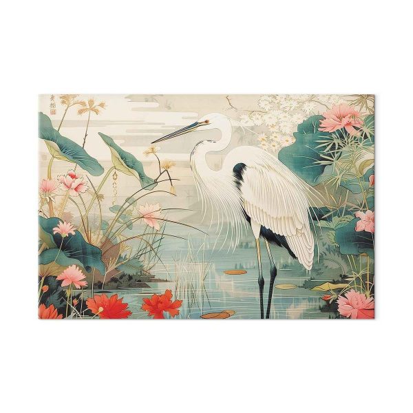 Tableau XXL - By an Asian pond - an illustration in the style of a Japanese engraving, depicting a heron