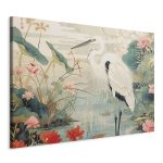 Tableau XXL - By an Asian pond - an illustration in the style of a Japanese engraving, depicting a heron