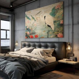 Tableau XXL - By an Asian pond - an illustration in the style of a Japanese engraving, depicting a heron