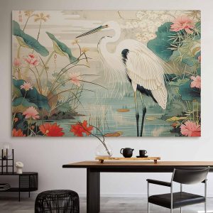 Tableau XXL - By an Asian pond - an illustration in the style of a Japanese engraving, depicting a heron