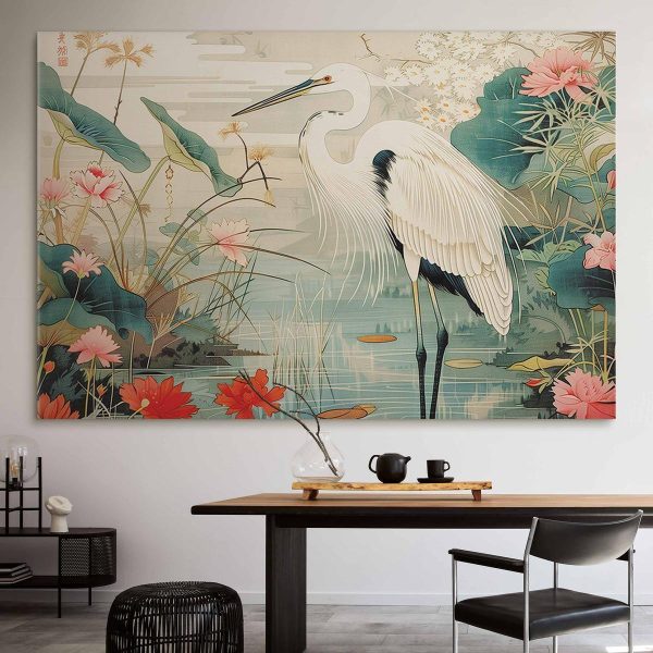 Tableau XXL - By an Asian pond - an illustration in the style of a Japanese engraving, depicting a heron