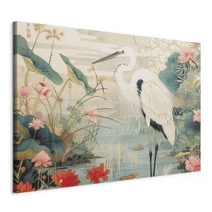 Tableau XXL - By an Asian pond - an illustration in the style of a Japanese engraving, depicting a heron