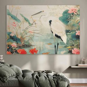 Tableau XXL - By an Asian pond - an illustration in the style of a Japanese engraving, depicting a heron