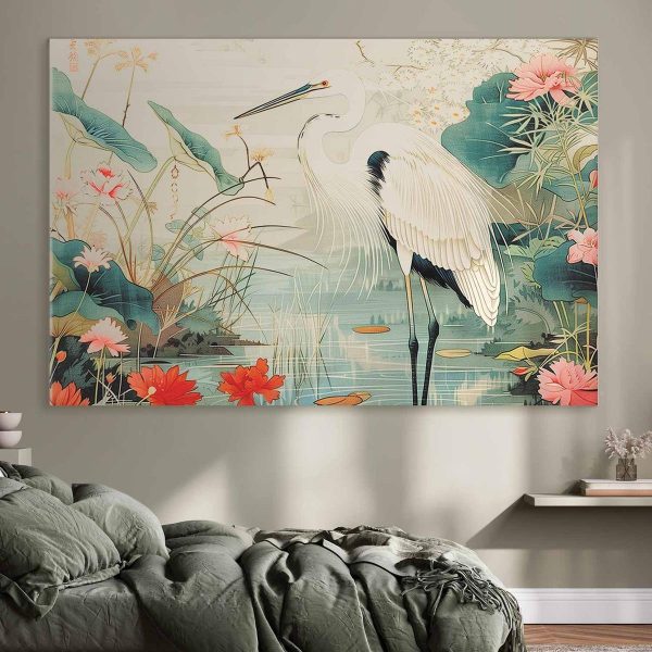 Tableau XXL - By an Asian pond - an illustration in the style of a Japanese engraving, depicting a heron