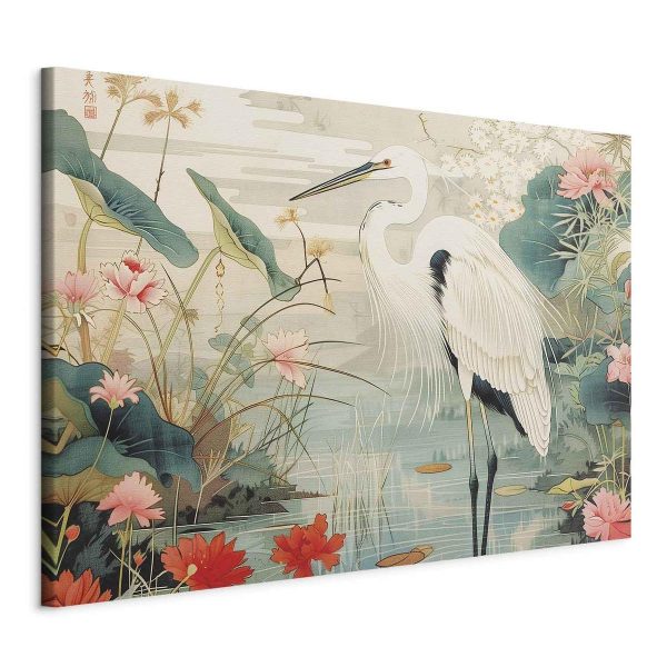 Tableau XXL - By an Asian pond - an illustration in the style of a Japanese engraving, depicting a heron Tableau XXL - By an Asian pond - an illustration in the style of a Japanese engraving, depicting a heron