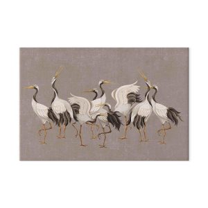 Tableau XXL - Crane dance – bright silhouettes of birds against a warm grey background with texture