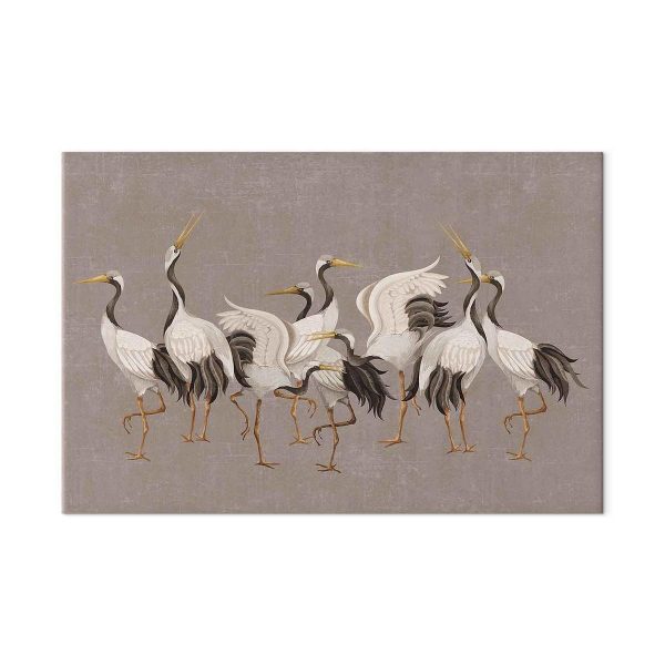 Tableau XXL - Crane dance – bright silhouettes of birds against a warm grey background with texture