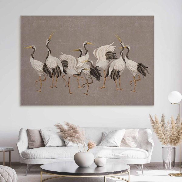 Tableau XXL - Crane dance – bright silhouettes of birds against a warm grey background with texture