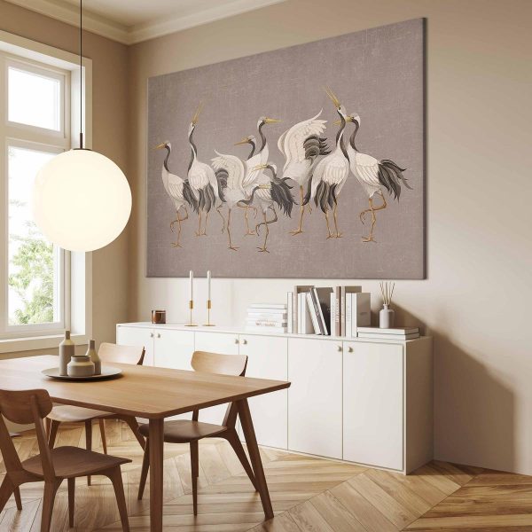 Tableau XXL - Crane dance – bright silhouettes of birds against a warm grey background with texture