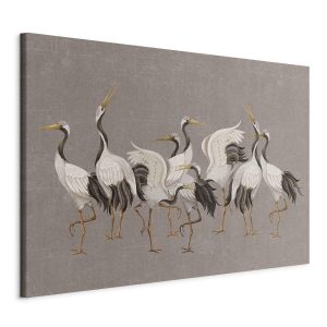 Tableau XXL - Crane dance – bright silhouettes of birds against a warm grey background with texture