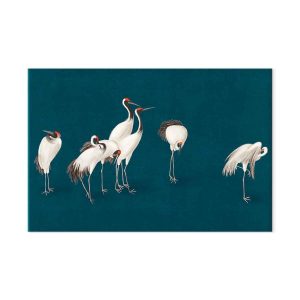 Tableau XXL - Evening by the pond - a group of cranes drawn in dry pastel on a dark turquoise background