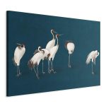 Tableau XXL - Evening by the pond - a group of cranes drawn in dry pastel on a dark turquoise background