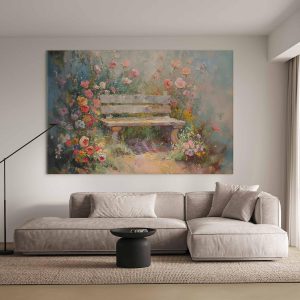 Tableau XXL - Flowery bench - impressionist painting full of flowers