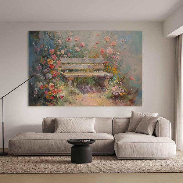 Tableau XXL - Flowery bench - impressionist painting full of flowers