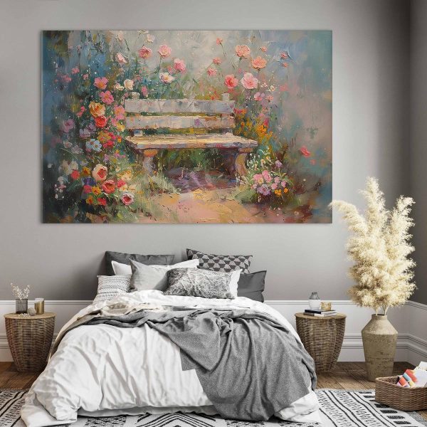 Tableau XXL - Flowery bench - impressionist painting full of flowers