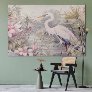 Tableau XXL - Heron wading in a pond - illustration in bright colours