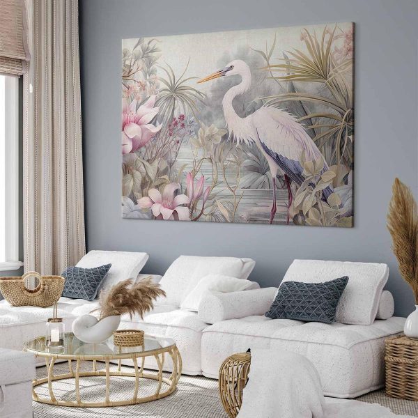 Tableau XXL - Heron wading in a pond - illustration in bright colours