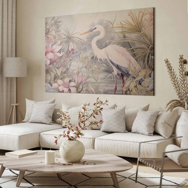 Tableau XXL - Heron wading in a pond - illustration in bright colours