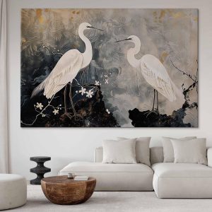 Tableau XXL - Herons and cherry blossoms - oriental-style illustration depicting birds
