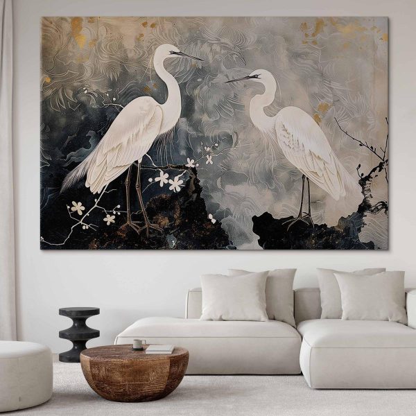 Tableau XXL - Herons and cherry blossoms - oriental-style illustration depicting birds