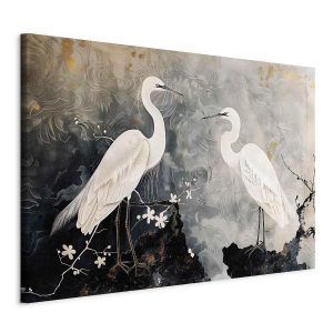 Tableau XXL - Herons and cherry blossoms - oriental-style illustration depicting birds