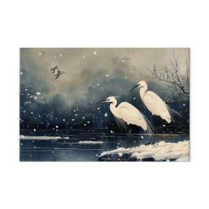 Tableau XXL - Herons over a winter pond - Japanese-style illustration in dark colours