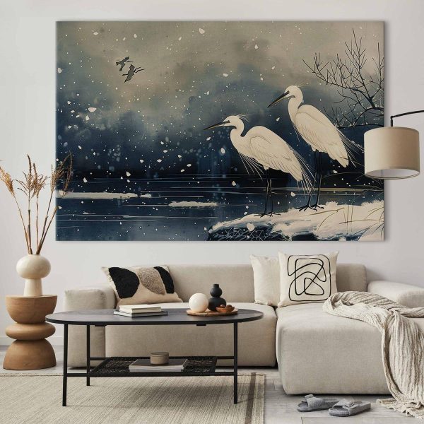 Tableau XXL - Herons over a winter pond - Japanese-style illustration in dark colours