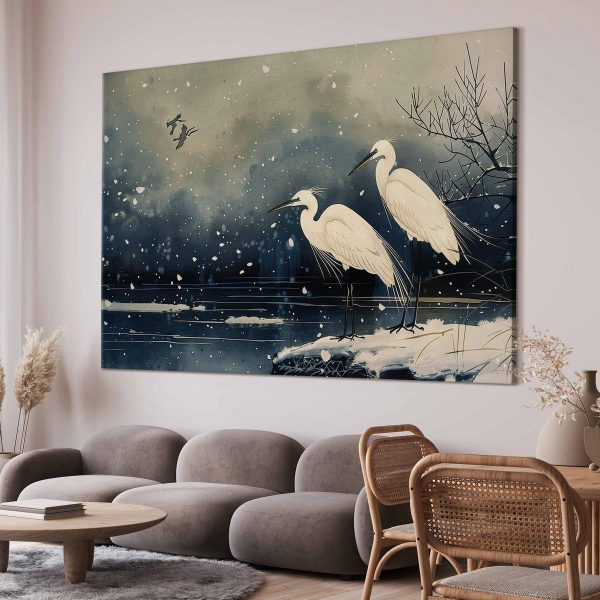Tableau XXL - Herons over a winter pond - Japanese-style illustration in dark colours