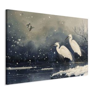 Tableau XXL - Herons over a winter pond - Japanese-style illustration in dark colours