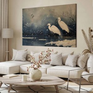 Tableau XXL - Herons over a winter pond - Japanese-style illustration in dark colours