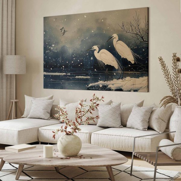 Tableau XXL - Herons over a winter pond - Japanese-style illustration in dark colours