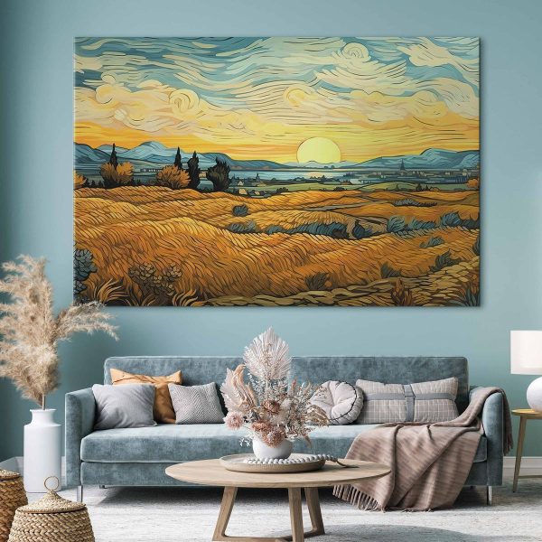 Tableau XXL - Impressionistic fields - painted golden landscape with fields of grain