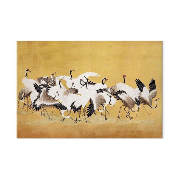 Tableau XXL - Japanese cranes - a flock of birds against a golden background based on a painting by Ishida Yūtei