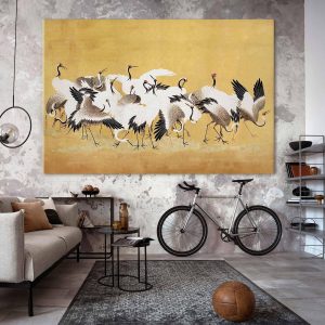 Tableau XXL - Japanese cranes - a flock of birds against a golden background based on a painting by Ishida Yūtei