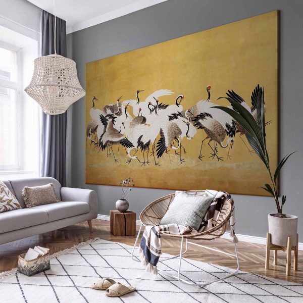 Tableau XXL - Japanese cranes - a flock of birds against a golden background based on a painting by Ishida Yūtei