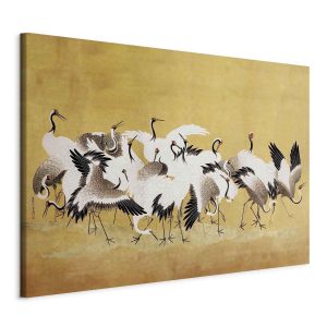 Tableau XXL - Japanese cranes - a flock of birds against a golden background based on a painting by Ishida Yūtei