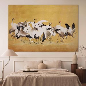 Tableau XXL - Japanese cranes - a flock of birds against a golden background based on a painting by Ishida Yūtei