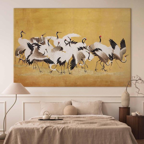 Tableau XXL - Japanese cranes - a flock of birds against a golden background based on a painting by Ishida Yūtei