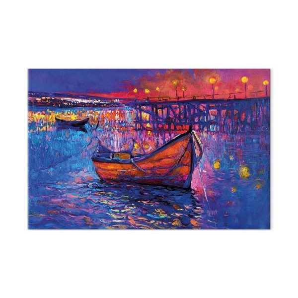Tableau XXL - Modern impressionism - night landscape of a lake with a floating boat
