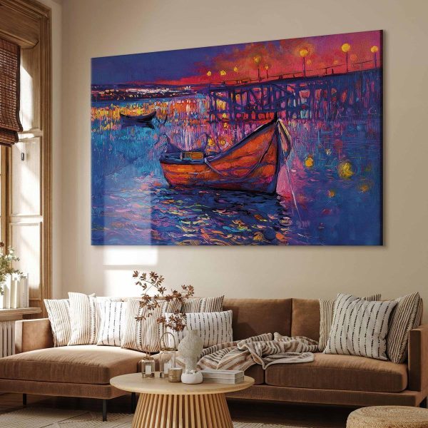 Tableau XXL - Modern impressionism - night landscape of a lake with a floating boat