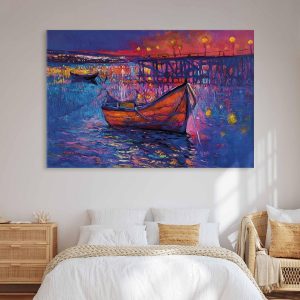 Tableau XXL - Modern impressionism - night landscape of a lake with a floating boat