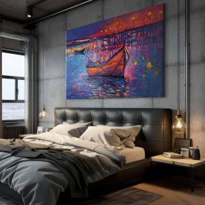 Tableau XXL - Modern impressionism - night landscape of a lake with a floating boat