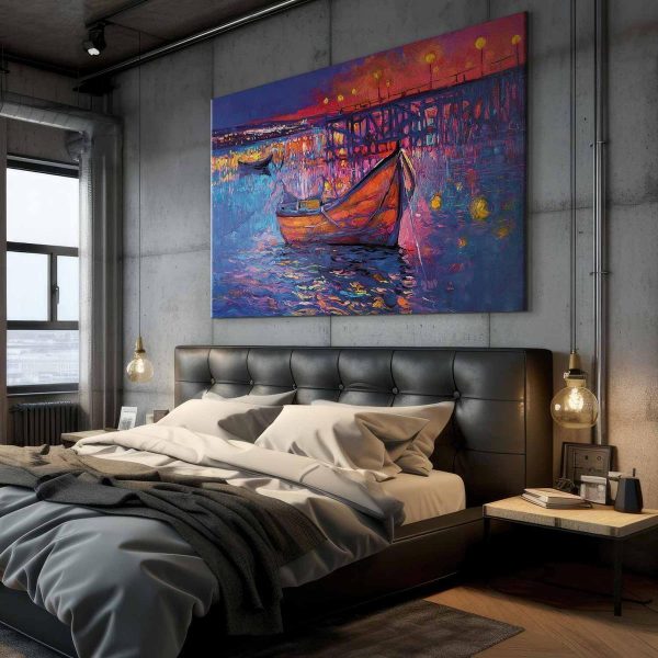 Tableau XXL - Modern impressionism - night landscape of a lake with a floating boat