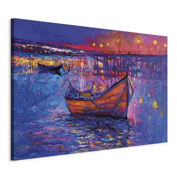 Tableau XXL - Modern impressionism - night landscape of a lake with a floating boat Tableau XXL - Modern impressionism - night landscape of a lake with a floating boat