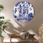 Tableau rond - Ancient vineyard - three women in a portal painted with blue ink