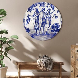 Tableau rond - Ancient vineyard - three women in a portal painted with blue ink