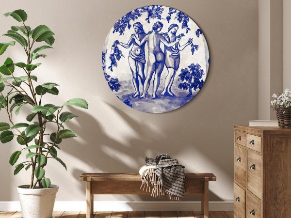 Tableau rond - Ancient vineyard - three women in a portal painted with blue ink Tableau rond - Ancient vineyard - three women in a portal painted with blue ink