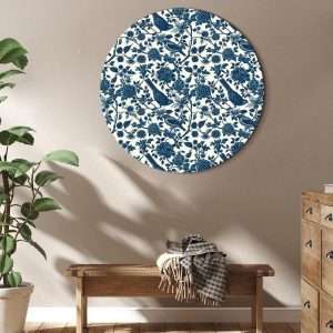 Tableau rond - Birds and roses - monochrome blue pattern with botanical motif